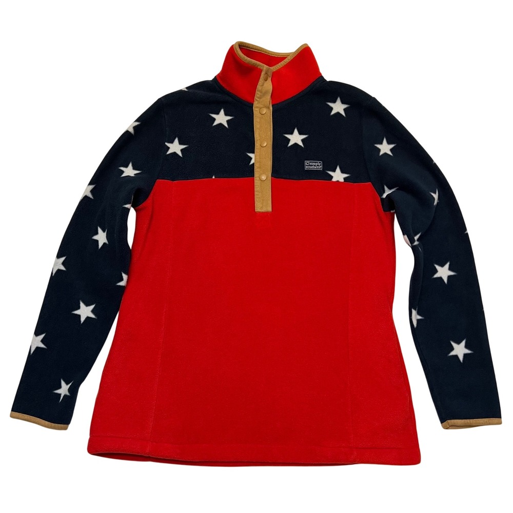 Simply Southern American Flag Patriotic Red‎ White Blue Fleece Pullover Size S/M